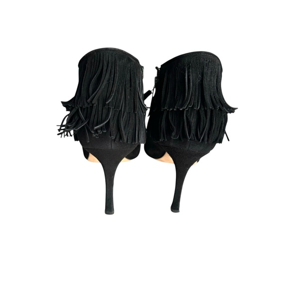 Manolo Blahnik Open Toe Heels Booties Black Suede Fringe - Picture 8 of 12